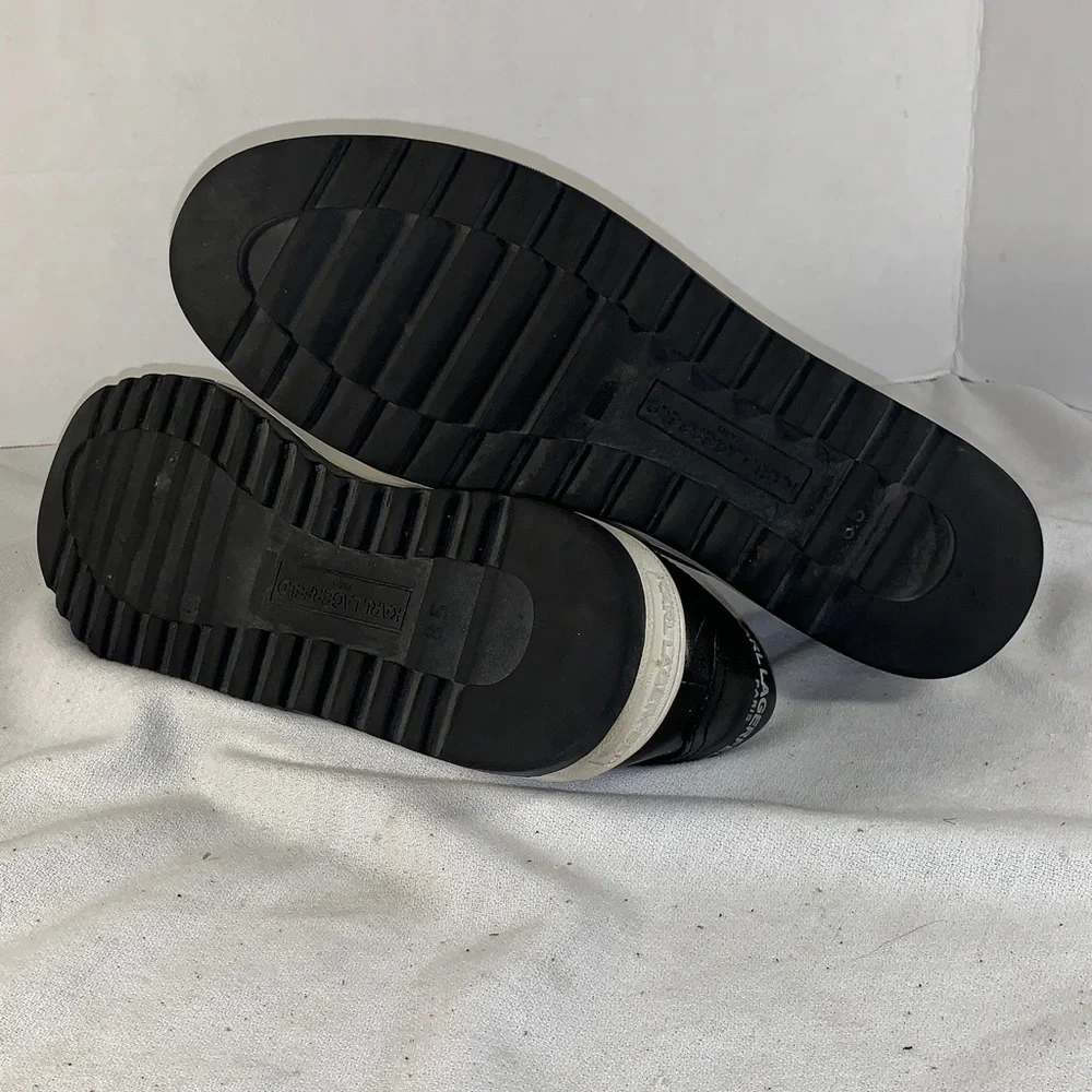 Karl Lagerfeld Mens Black Leather Low-Top Sneakers with White Sole